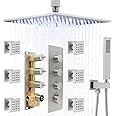 HOMEDEC 12 Inch Luxury LED Rainfall Shower Heads System in Brushed Nickel with Body Spray Brass Faucet Combo Set, Large Flow, Can Use All Functions At a Time