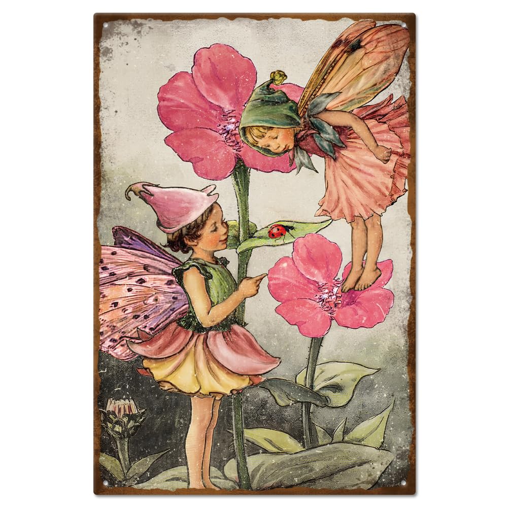 GLOBLELAND Flower Fairy Elves Vintage Metal Tin Sign Plaque Poster 8×12inch Retro Metal Wall Decorative Tin Painting Signs for Home Kitchen Bar Coffee Shop Club Orchard Decoration