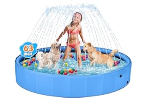 Jecoo Dog Pool with Sprinkler, Large 2-in-1 Foldable Dog Pool for Large Dogs Non-Slip Kiddie Pool Hard Plastic for Outdoor Backyard (63"x12")