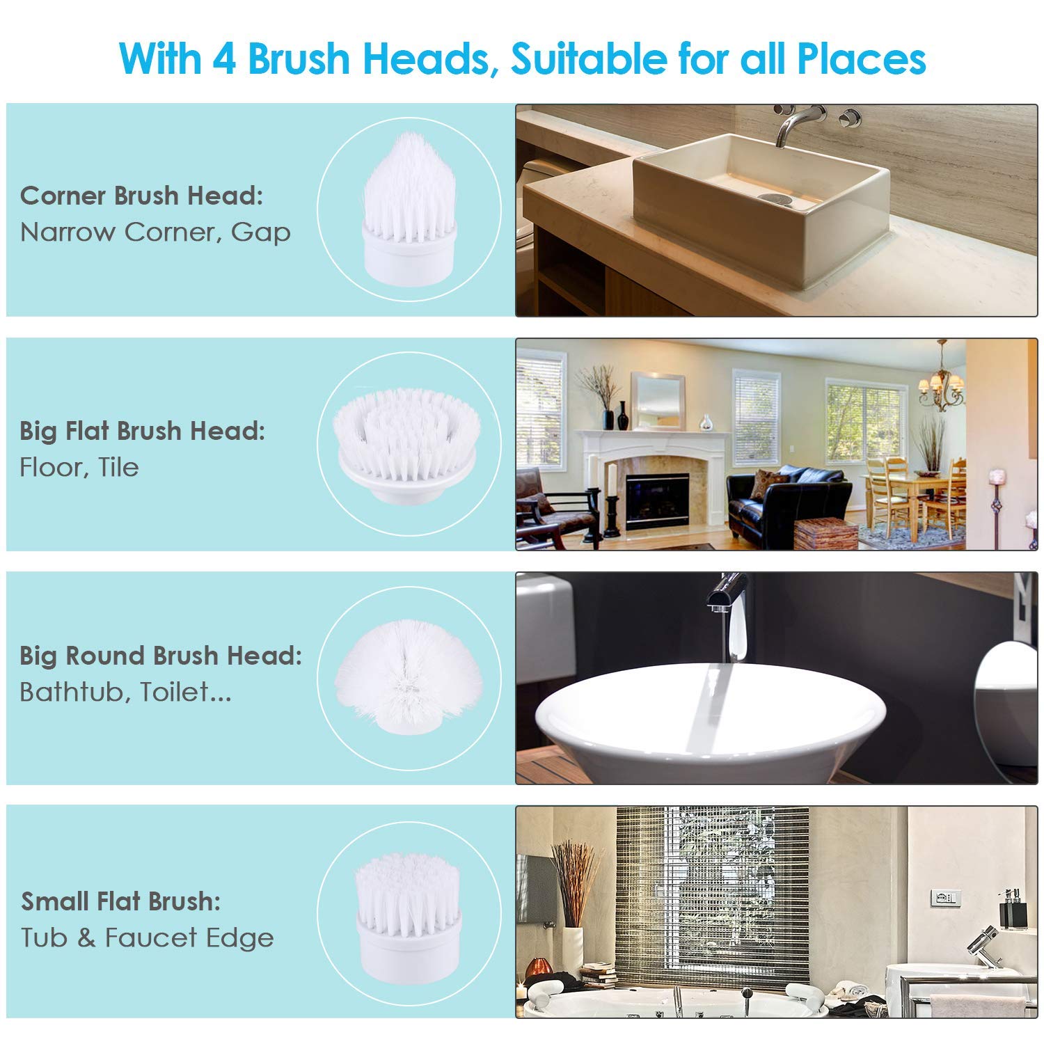 amzdeal Electric Floor Scrubber, 360 Cordless Bathroom Scrubber with 4 Replaceable Brushes and 1 Extendable Handle for Home Use