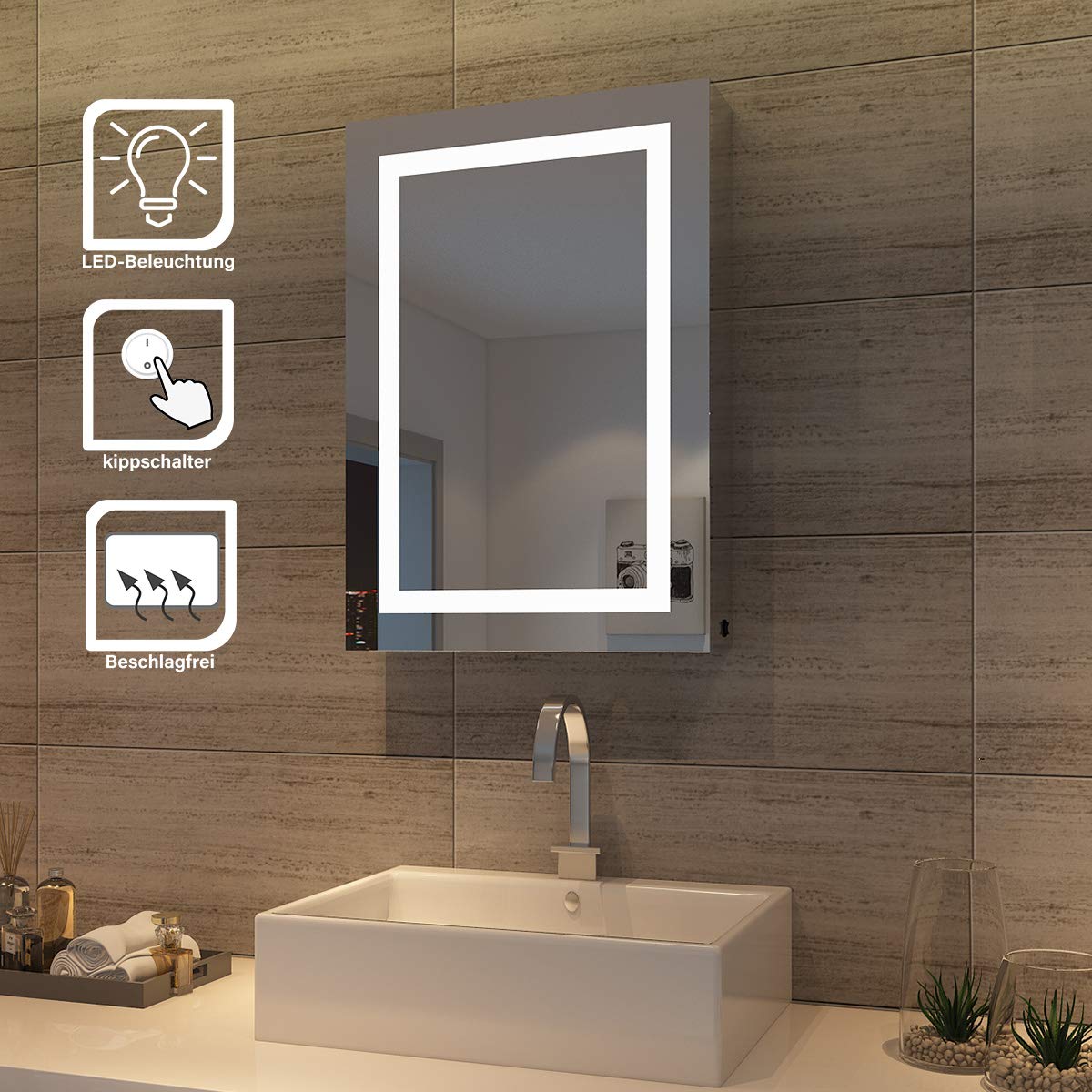 SONNI LED Spiegelschrank 70 x 50 x 13 cm Hochglanz Badezimmerspiegel