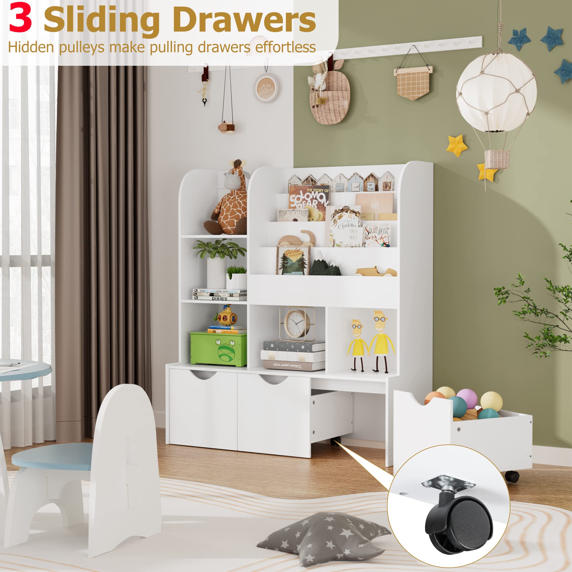 FOTOSOK 47'' Kids Bookcase and Bookshelf, Multifunctional Bookcase with 5 Storage Cubbies and 3 Movable Drawers, Toy Storager Display Stand, Toy Storage Organizer for Bedroom, Playroom, Hallway, White
