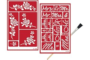 TRENDZEEN 2 Glass Etching Wedding Stencils Reusable Template - Wedding Theme Etch Stencil - Glass Etching Stencils Wedding, Floral, Mr, Mrs Design - Self Stick Stencils Set with Brush