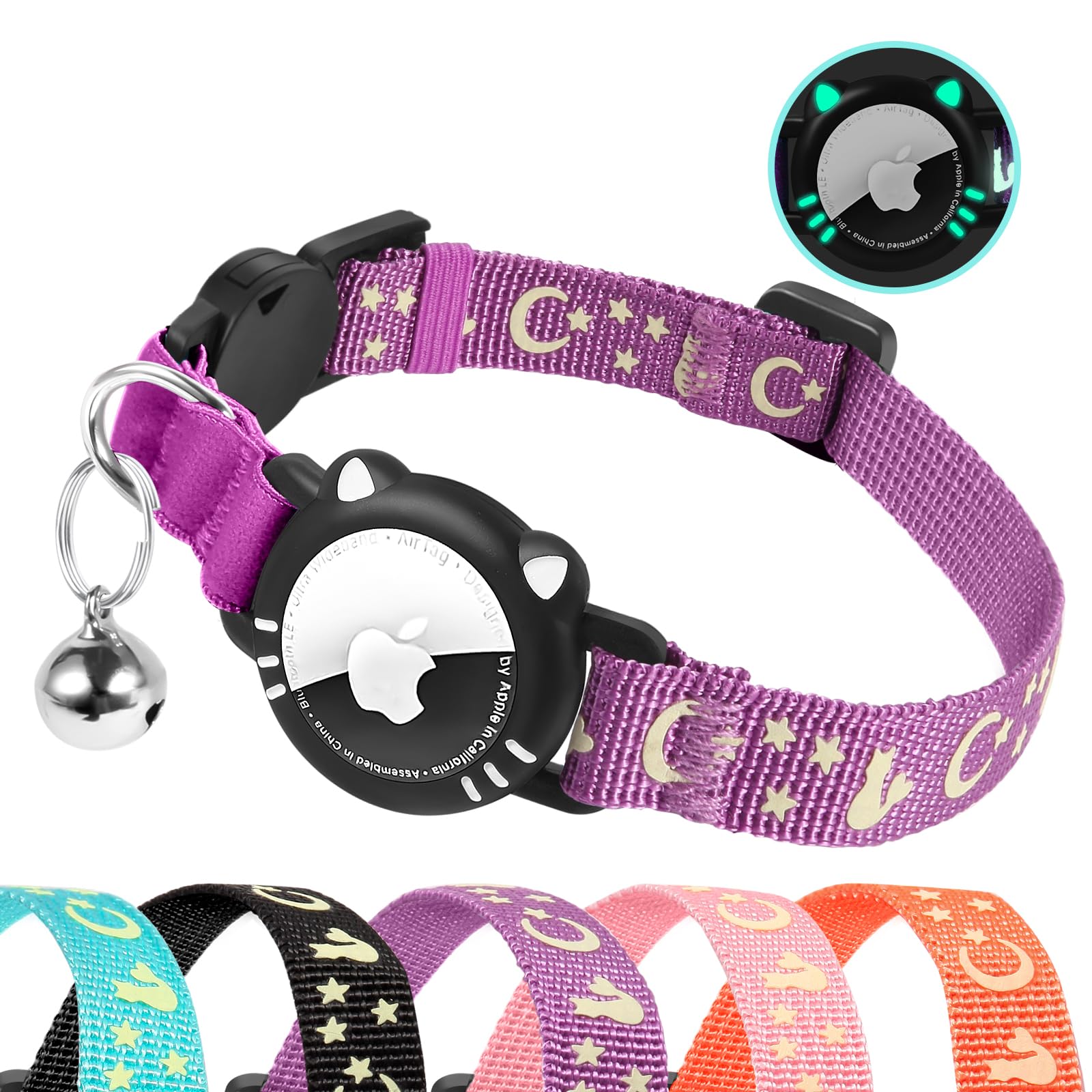 Ytanest Reflective Airtag Cat Collar, Breakaway Cat Collar with Air Tag Holder for Cats, Kittens, Purple, XS(7-9 Inch)