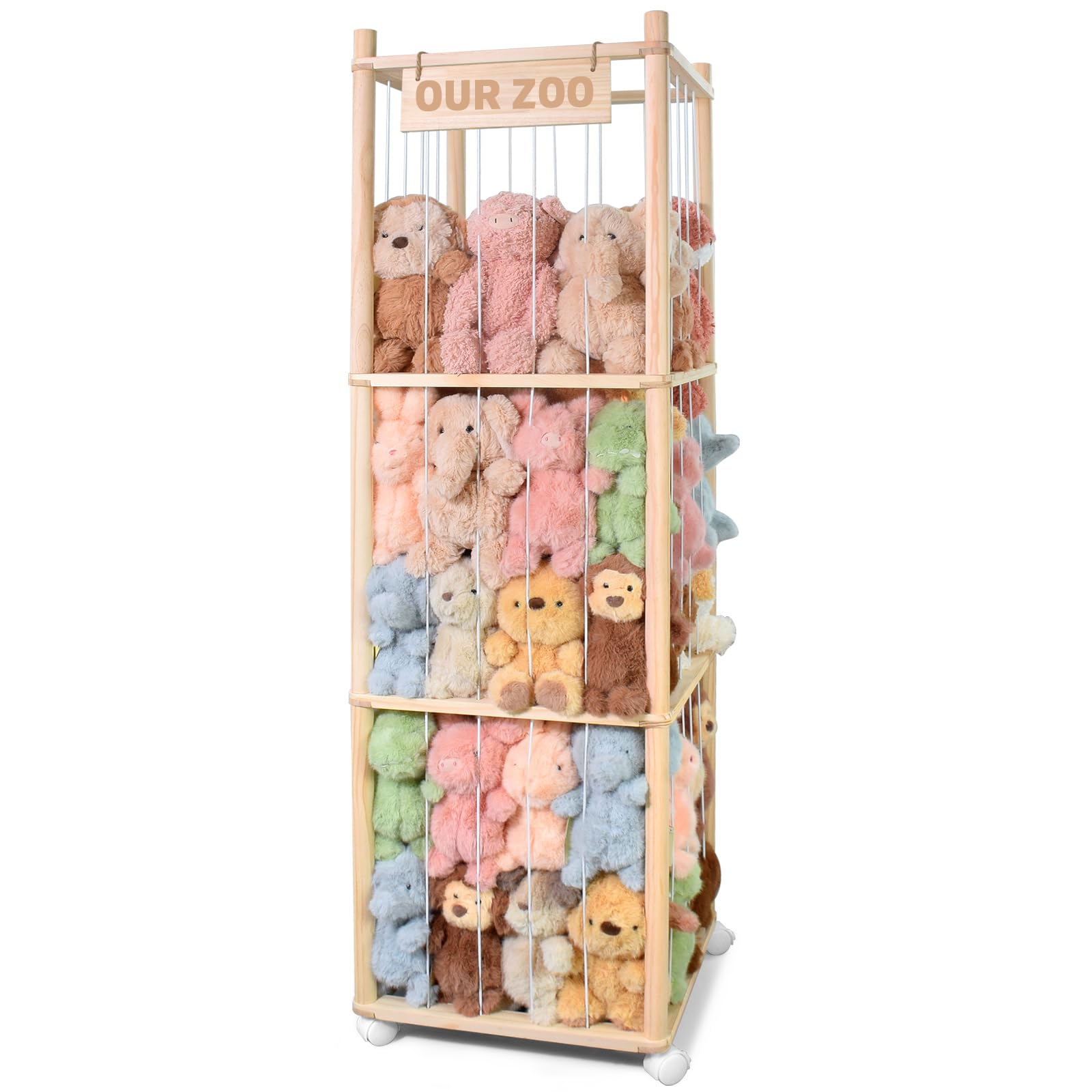 Photo 1 of Stuffed Animal Storage, Wood Stuffed Animal Zoo Storage with Brake Wheels, Space Save Toy Organizer, Large Capacity Stuffed Animal Holder, Perfect for Nursery Playroom Kidroom Bedroom-54.3 Inch