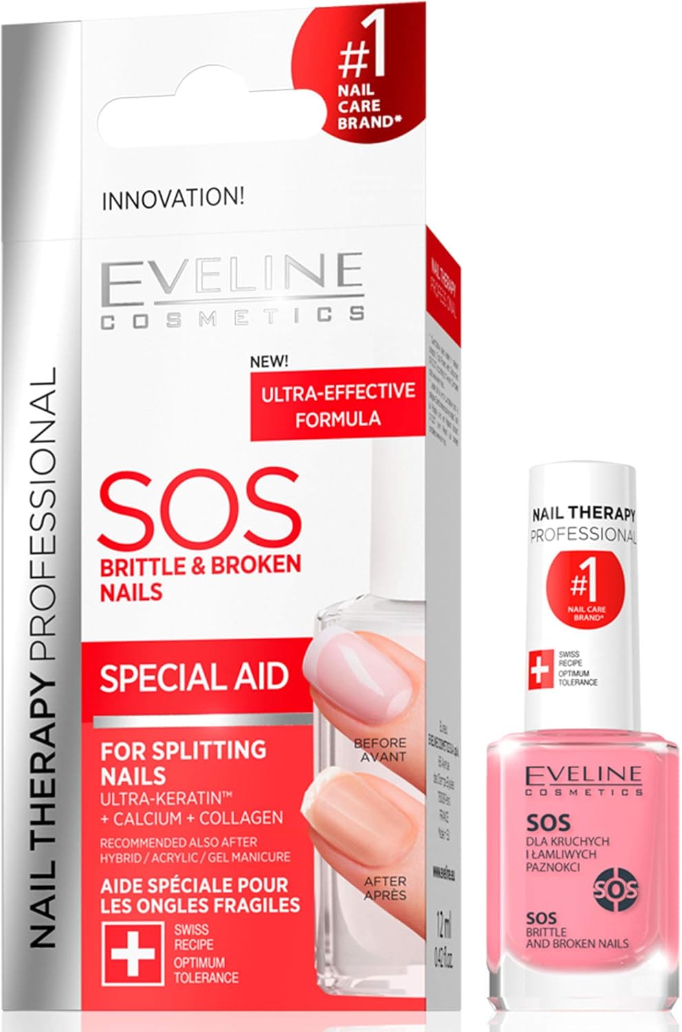 Eveline Cosmetics Nail Therapy Professional SOS Nail Strengthening Conditioner with Calcium & Collagen, for Brittle Splitting