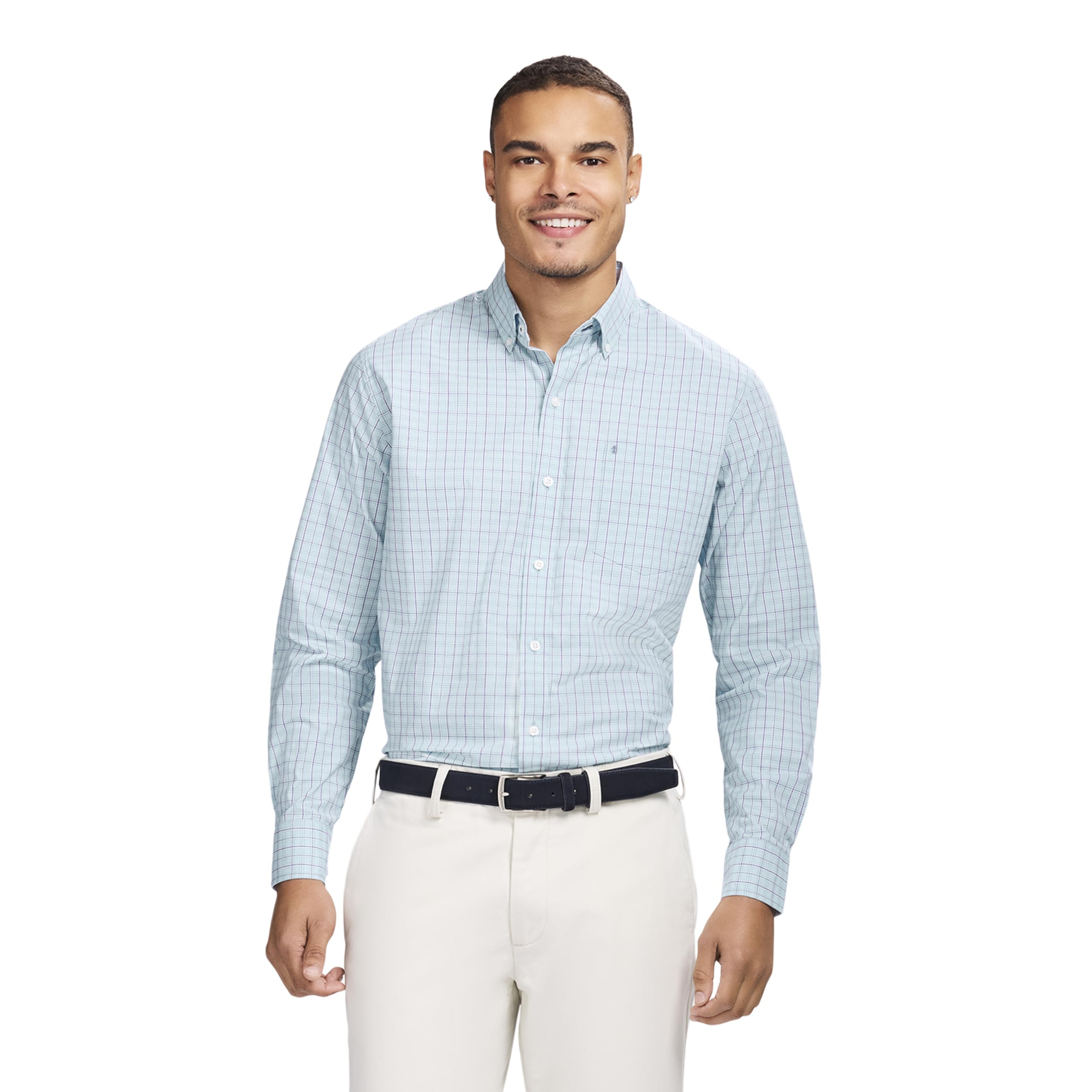Izod Men's Performance Comfort Long Sleeve Plaid Button Down, Tanager Turquoise, Medium Image