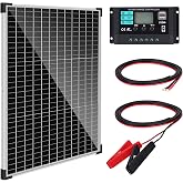 Solar Panel Kit 50W with 10A Charge Controller Monocrystalline Solar Panel Kit with Extension Cable for Car Roof RV Marine Rooftop Farm Battery and Other Off-Grid Applications
