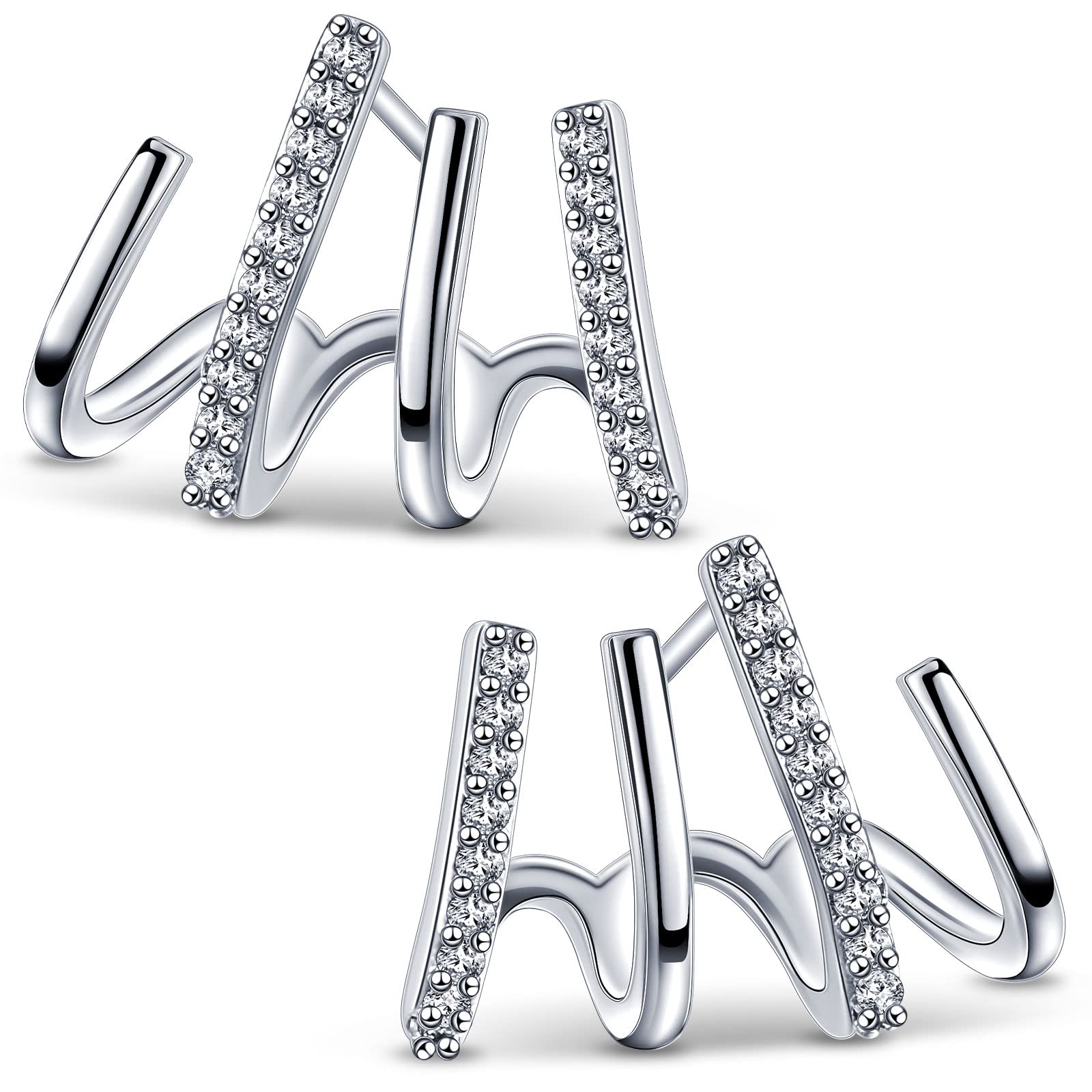 Hicarer Claw Earrings for Women Silver Four Claw Wrap Cuff Piercing Studs Earrings 4 Prong Stud Creative Shiny Crystal Ear Illusion Ear Jewelry(4 Claws,Silver)