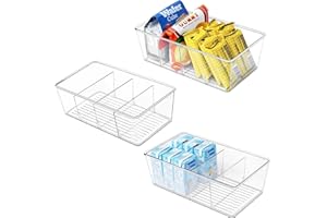 wilfox Pantry Organization, 3 Pack Clear Organizer Bins with Removable Dividers for Pantry, Kitchen, Fridge, Cabinet, Stackable Storage Bins for Snack, Pouches, Spice Packets
