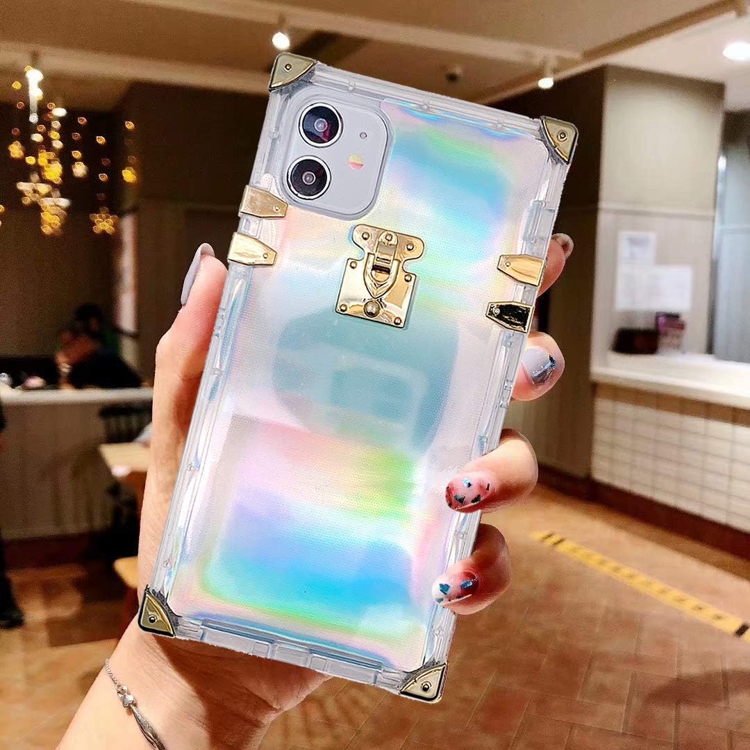 BABEMALL Compatible for iPhone X/XS 5.8" Case Luxury Square Sparkle Glitter Light Silver Shell Transparent TPU Phone Metal Corner Case (Laser)