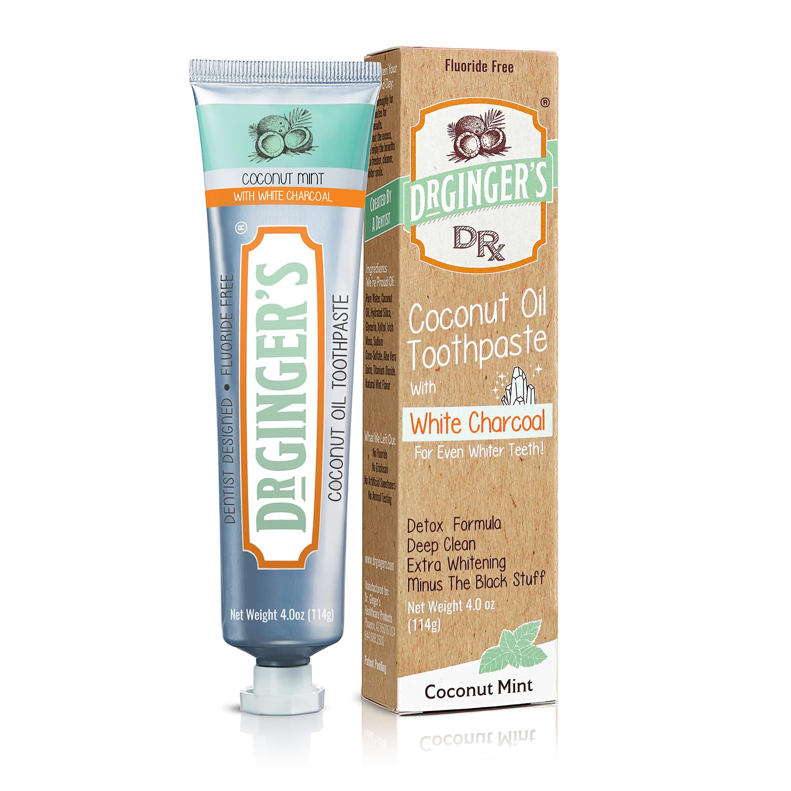 Doctor Ginger's Coconut Oil Toothpaste with White Activated Charcoal | Extra Whitening | 100% Natural | Fluoride Free | Supports Healthy Gums | Great Coconut Mint Taste