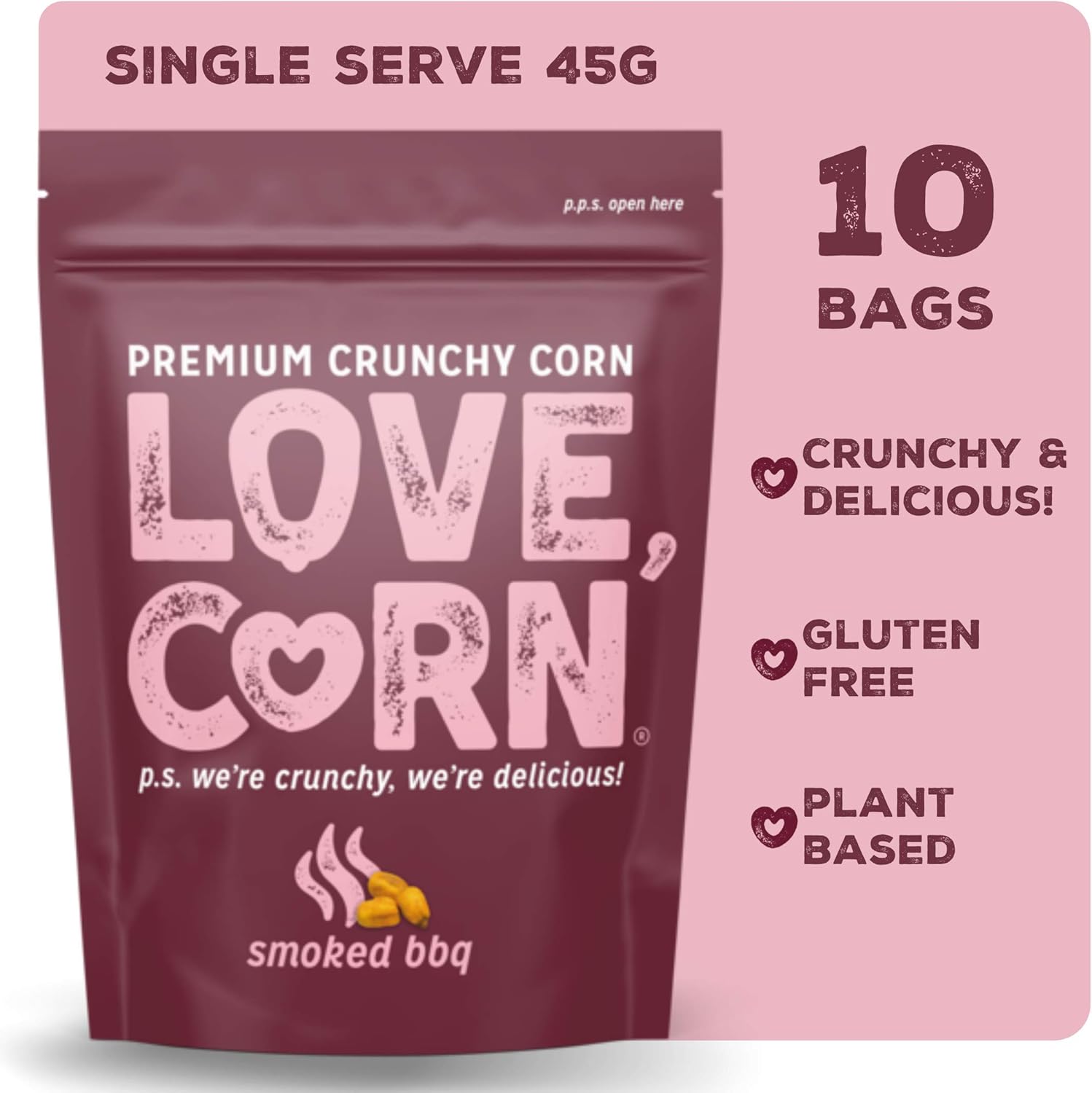 Love Corn Barbecue Bbq Roasted Crunchy Corn Gluten Free Plant Based Vegan Healthy Snack Low Calorie Box Of 10 Bags 45g Each Amazon Co Uk Grocery