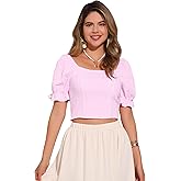 Allegra K Smocked Crop Top for Women's Bubble Sleeve Peasant Gingham Plaid Tops