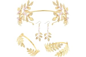 Gvhntk Greek Goddess Jewelry for Women Greek Leaf Headband Costume Accessories Set Gold Leaf Headpiece Crown Artificial Pearl