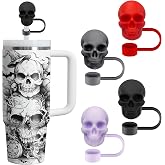 4 Pack Halloween Skull Straw Topper Goth Straws Cover Cap for Stanley Cups Drinking 30oz 40oz Tumbler Toppers Halloween Decoration