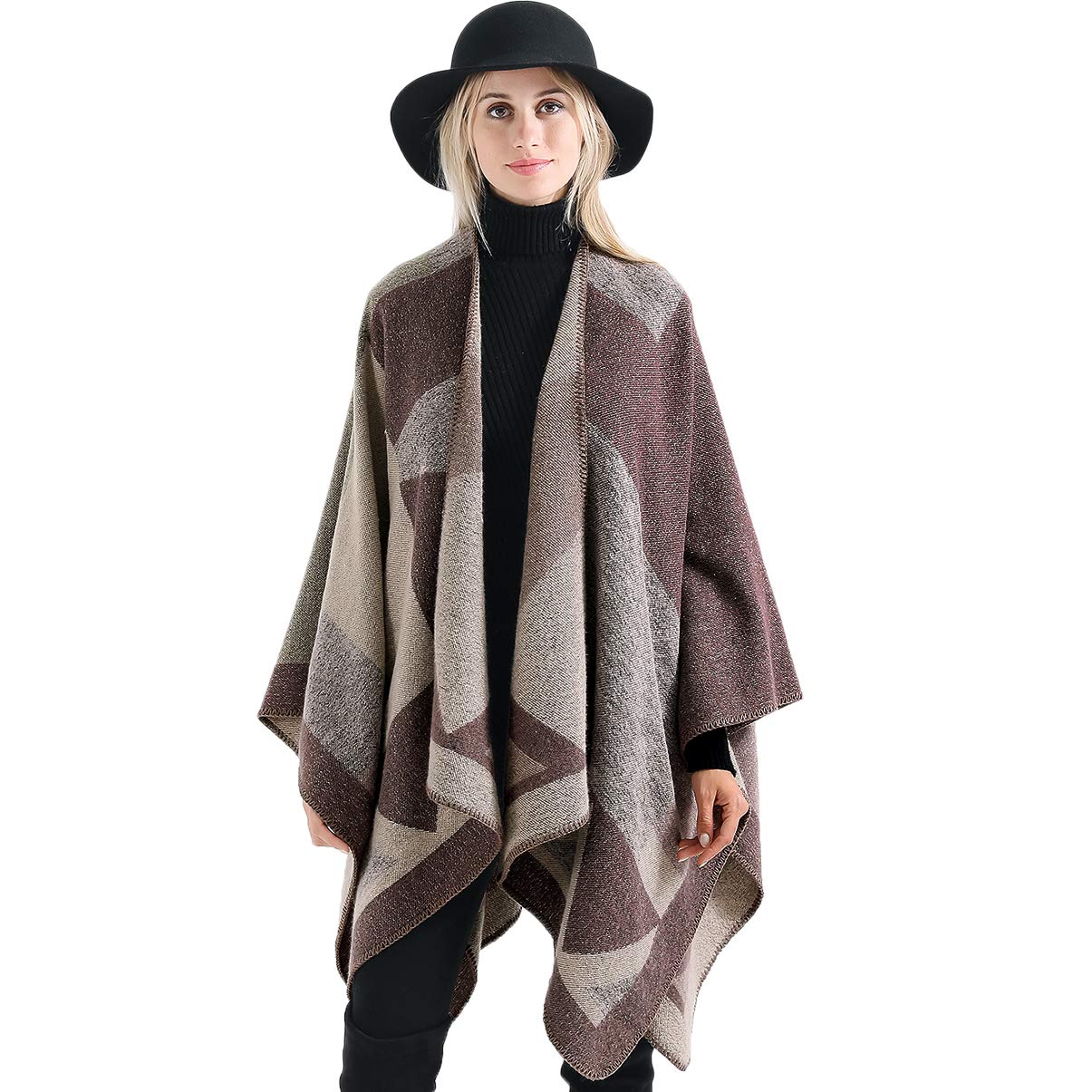 Vbiger Damen Poncho Schal Wrap Farbblock Open Front Cape Übergroße Winterdecke Reversible Schal Dicke Cardigan Coat, Khaki
