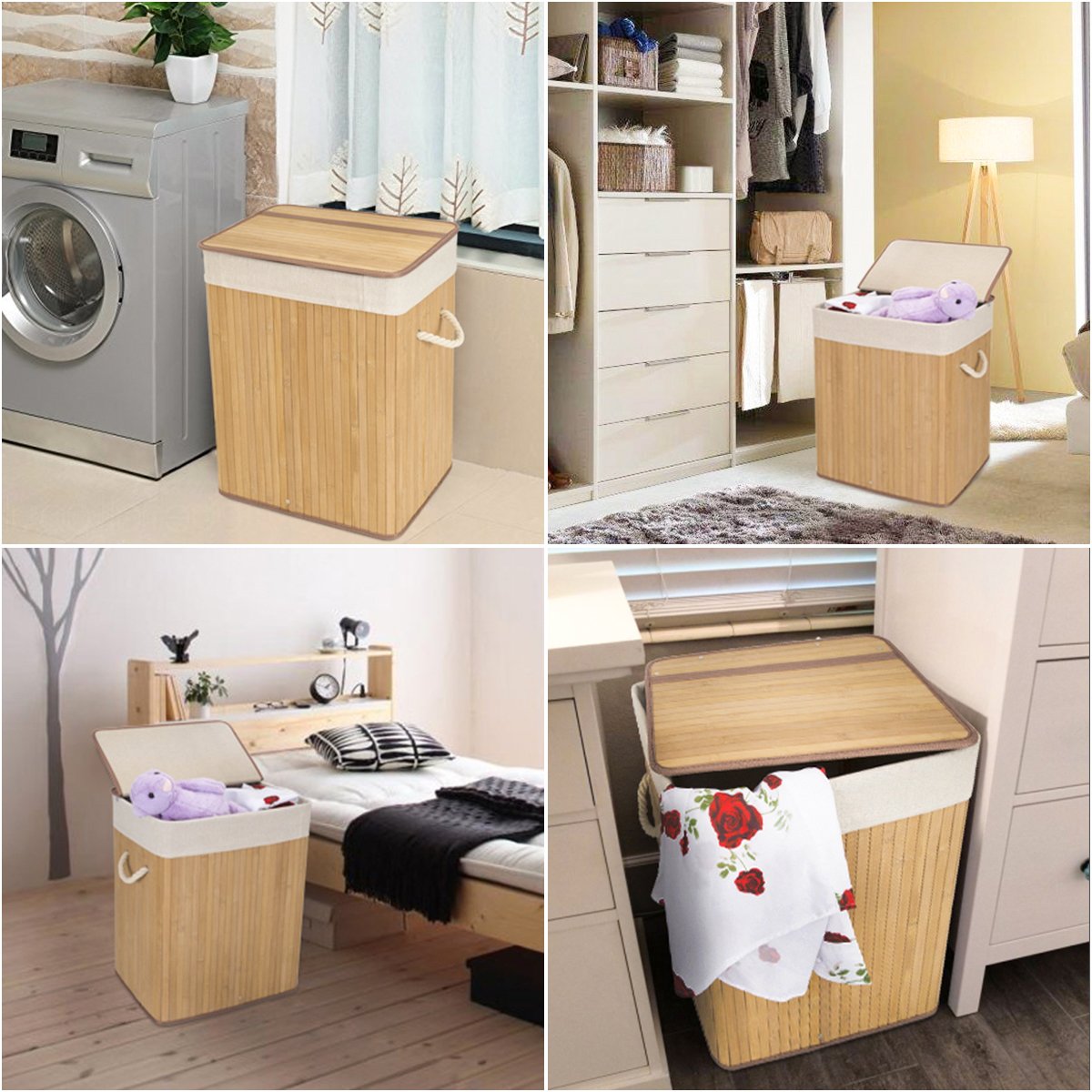 WOWLIVE Bamboo Laundry Hamper with Lid Handles Laundry Basket Dirty Clothes Laundry Hamper Sorter Rectangular Collapsible Organizer