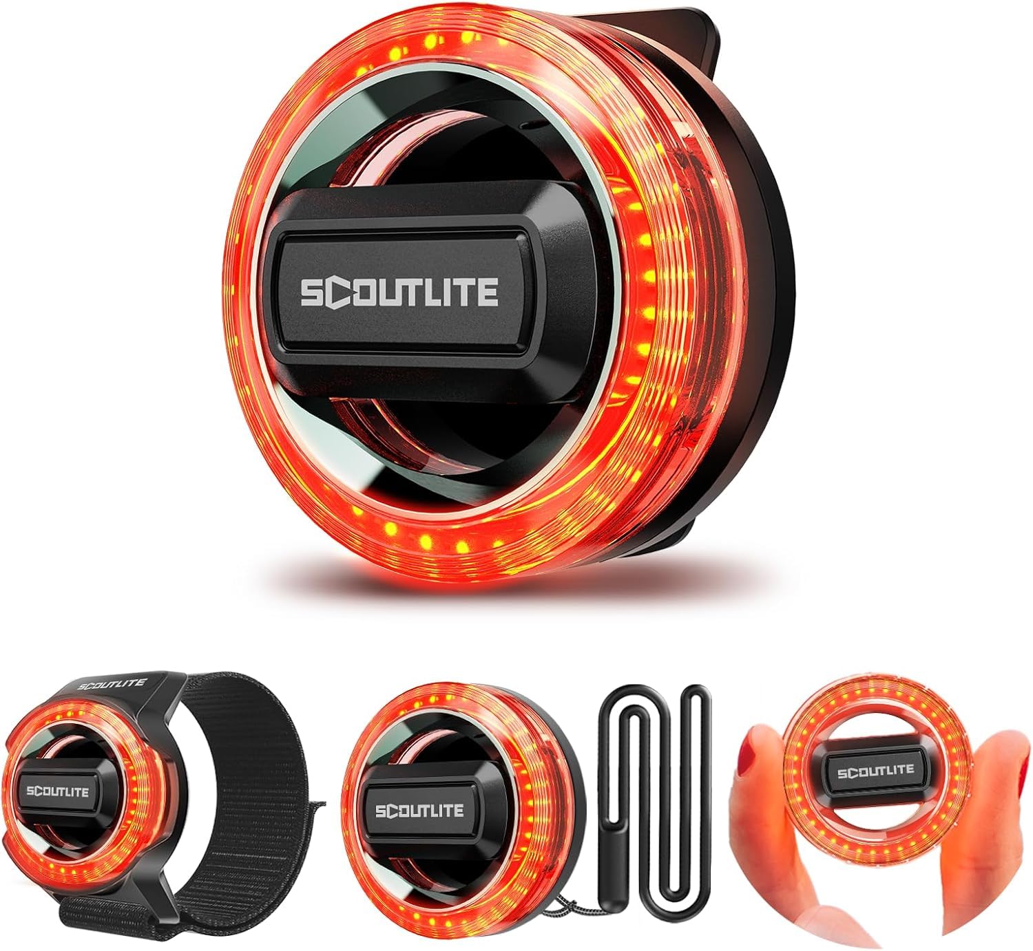 SCOUTLITE BlinkO Set 5 in 1, Wearable Outdoor Safety Light with Clip, Wristband, Necklace and Keyring, Magnetic Clip on Flashlight Running Light for Hiking, Cycling, Dog Walking at Night