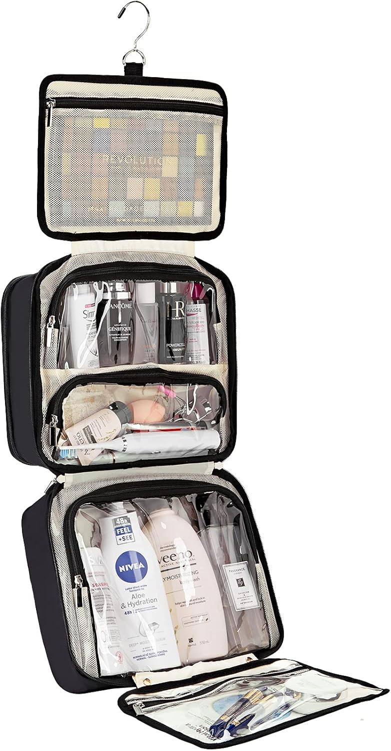 FINDCOZY Toiletry Bag Travel Bag with Hanging Hook, Cosmetic Bag, Travel Makeup Organizer for Women, Black