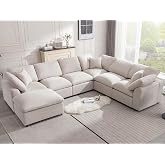 Siiejia Modular 7 Seater Sectional Sofa, Oversized Cloud Couches, Beige | Modern L-Shaped Cloud Sofa with Movable Ottoman, Large Comfy Couches for Living Room, Spacious Space, Office Lounge