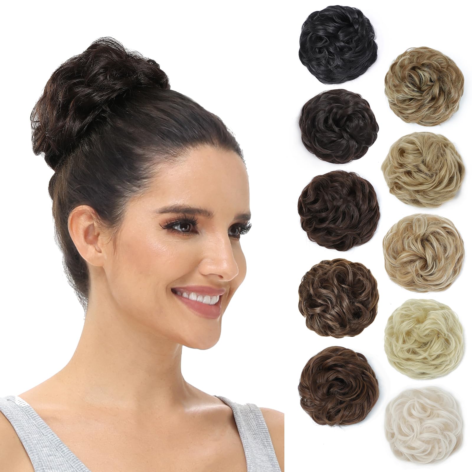 BUYOGET Messy Bun Hair Pieces For Women Hair Bun Extension Updo Curly Messy Bun Donut Hair Chignons Scrunchie Wood Brown