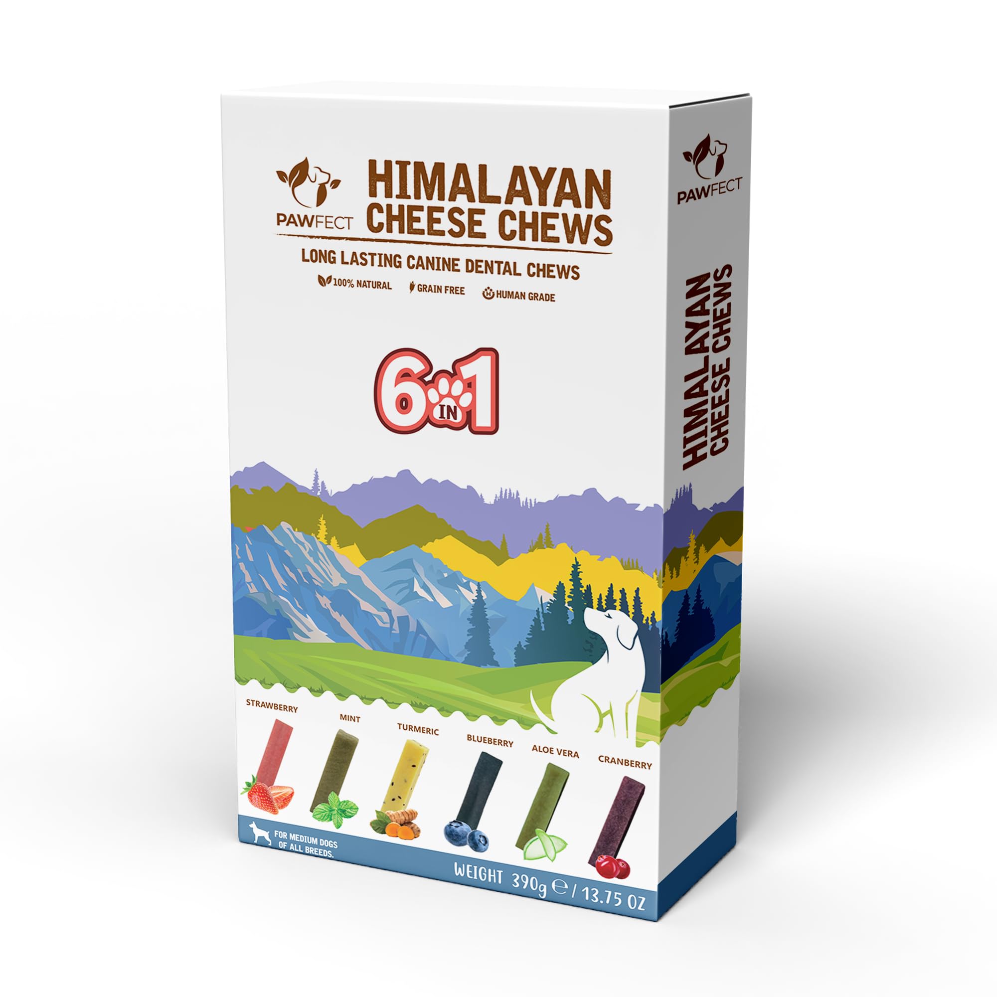 Pawfect Himalayan Yak Cheese Chew for Medium Dogs - Variety Pack of 6 with Real Strawberry, Blueberry, Cranberry, Aloe, Turmeric & Mint - Freshens Breath- Plaque Off and Tartar Control (390g/13.76oz)