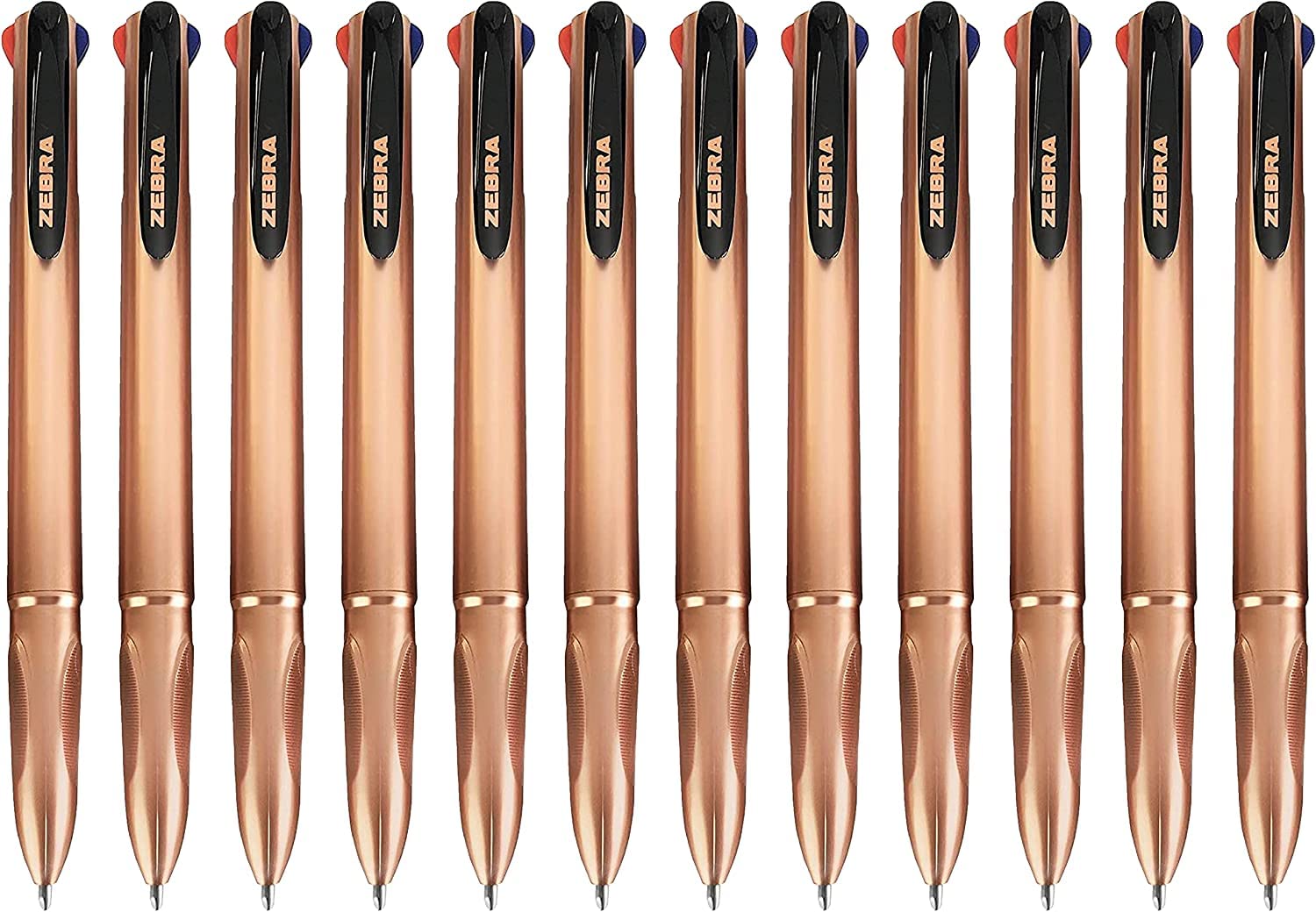 Zebra Z-Grip Elegance 4 in 1 Colours Retractable Ballpoint Pen - 1.0mm - Rose Gold Barrel - Black, Blue, Red, Green - Pack of 12