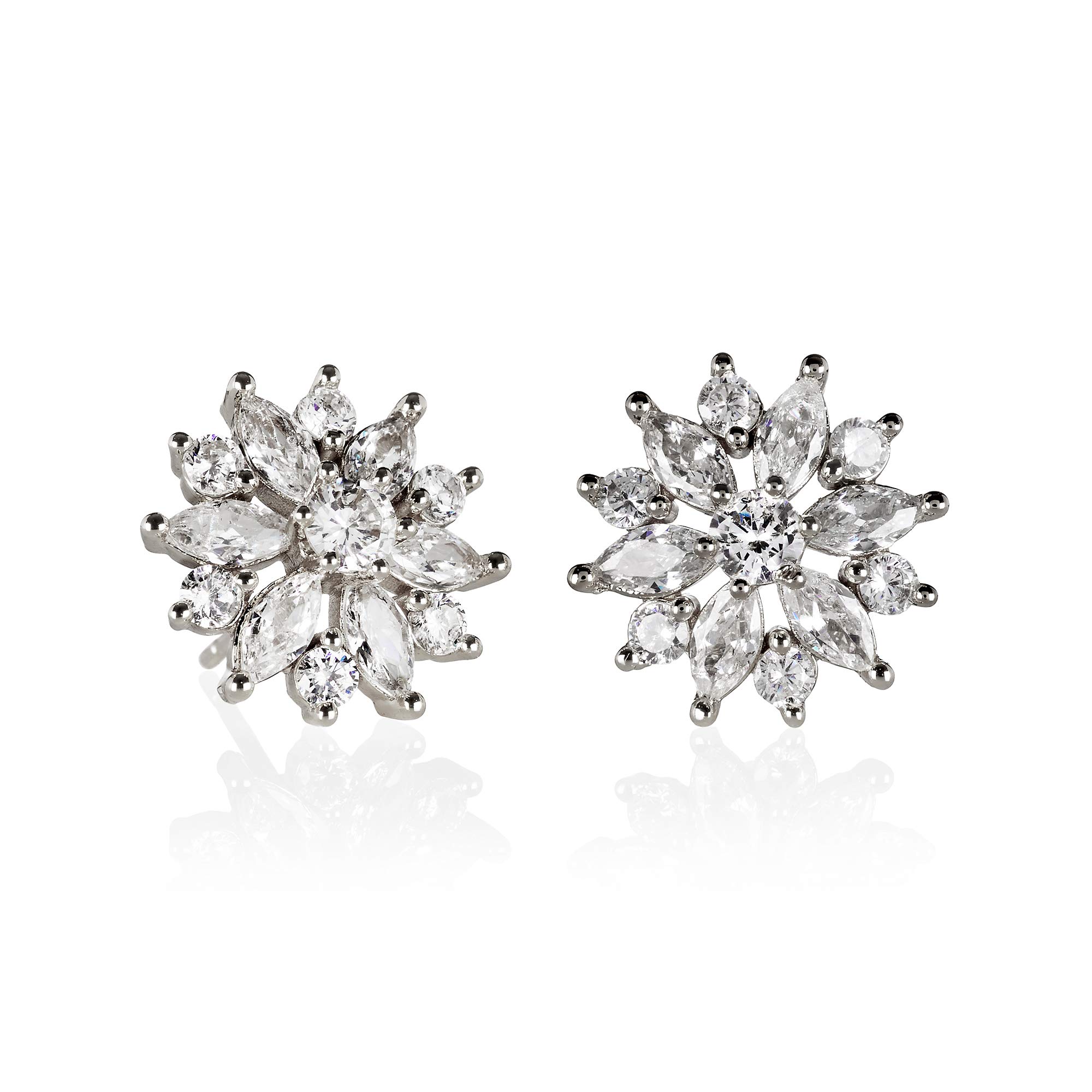 ZAVANA Silver Stud Earrings - Sparkling Cubic Zirconia Stone Flower Statement Earrings