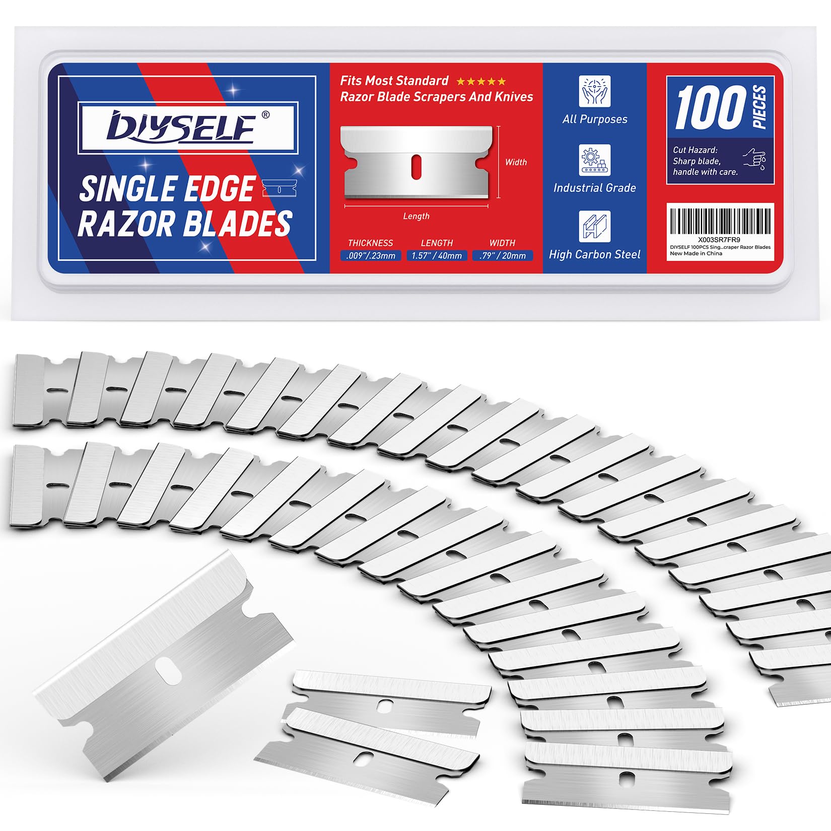 Photo 1 of DIYSELF Single Edge Razor Blades, 100 Blades, Razor Blades Refiils for Razor Scraper, Utility Knife, Heavy Duty One Edge Blades, High Carbon Steel Blade for Removing Decals, Stickers