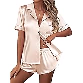 Ekouaer Silk Satin Pajamas Set Short Sleeve Pj Sets Black & White Contrast Piping Pjs Button Down Lounge Sets 2 Piece
