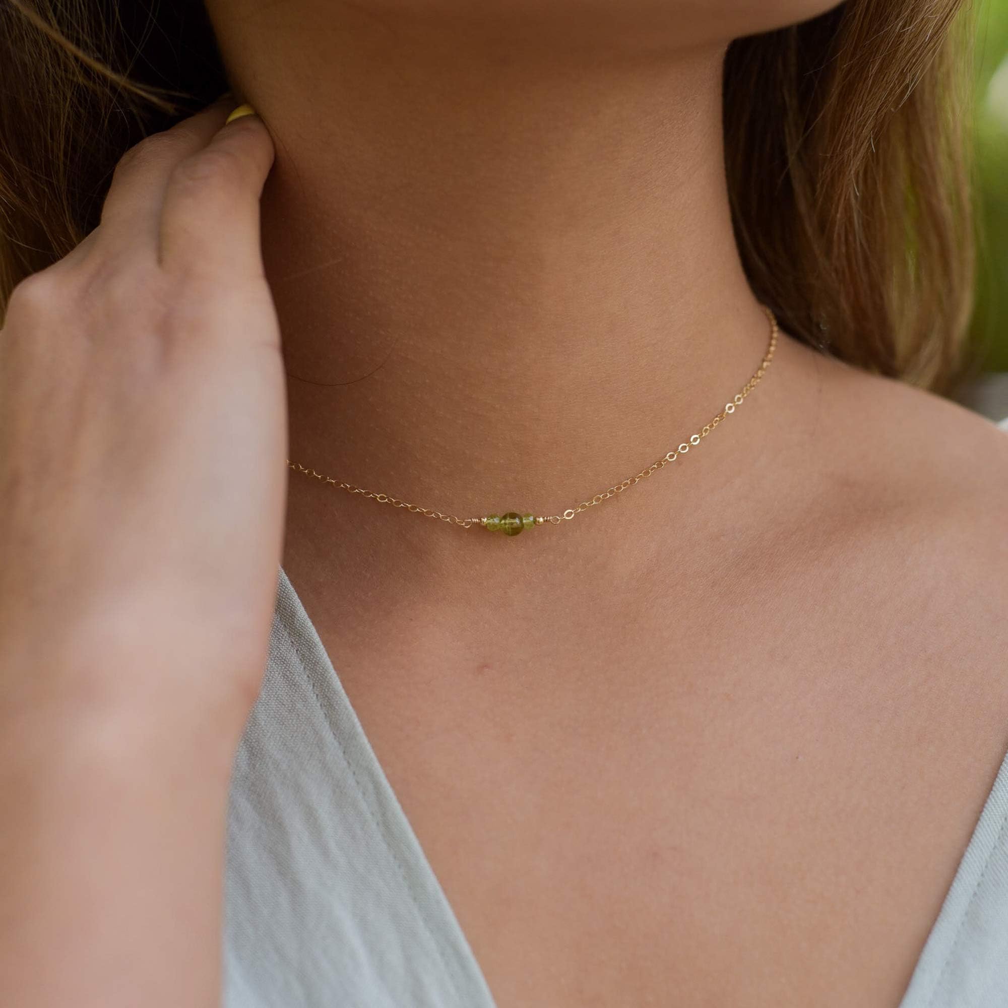 Dainty peridot gemstone choker necklace in 14k gold fill - 12" with 2" adjustable extender - August birthstone
