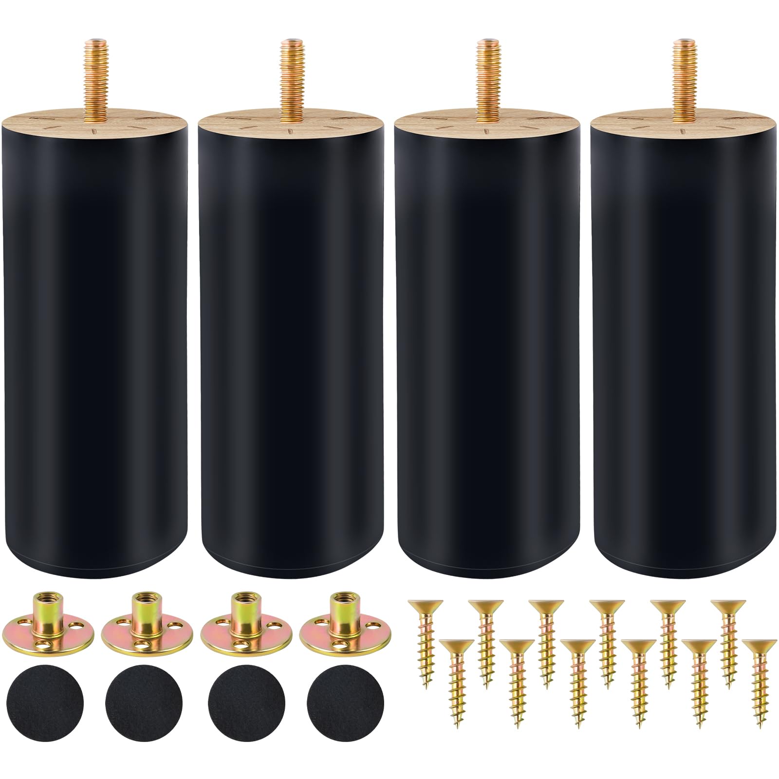 ALAMHI Wood Furniture Leg, Couch Legs 6 Inch Brown Round Tapered Mid Century Modern Legs With Brass Base Replacement Legs For Cabinets Coffee Table Ottoman Sofa Loveseat Armchair Legs Set Of 4