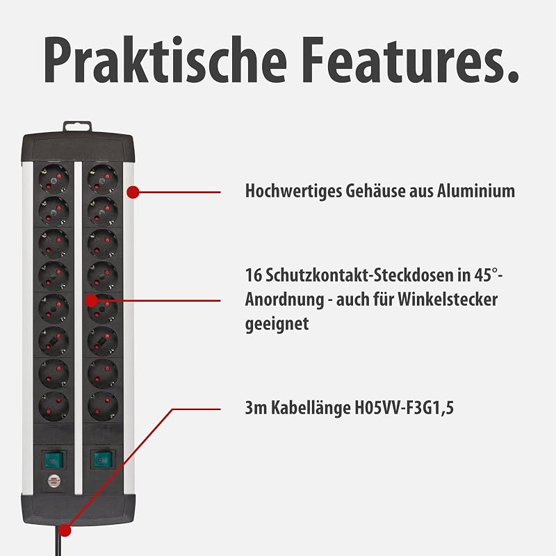 Premium-Alu-Line Steckdosenleiste 16-Fach, 3m