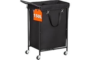TOOLOLA 150L Laundry Basket with Wheels, Double Rolling Laundry Hamper with Metal Frame and Removable Bag, Dirty Clothes Hampers for Bedroom, Bathroom, Dorm Room, Black