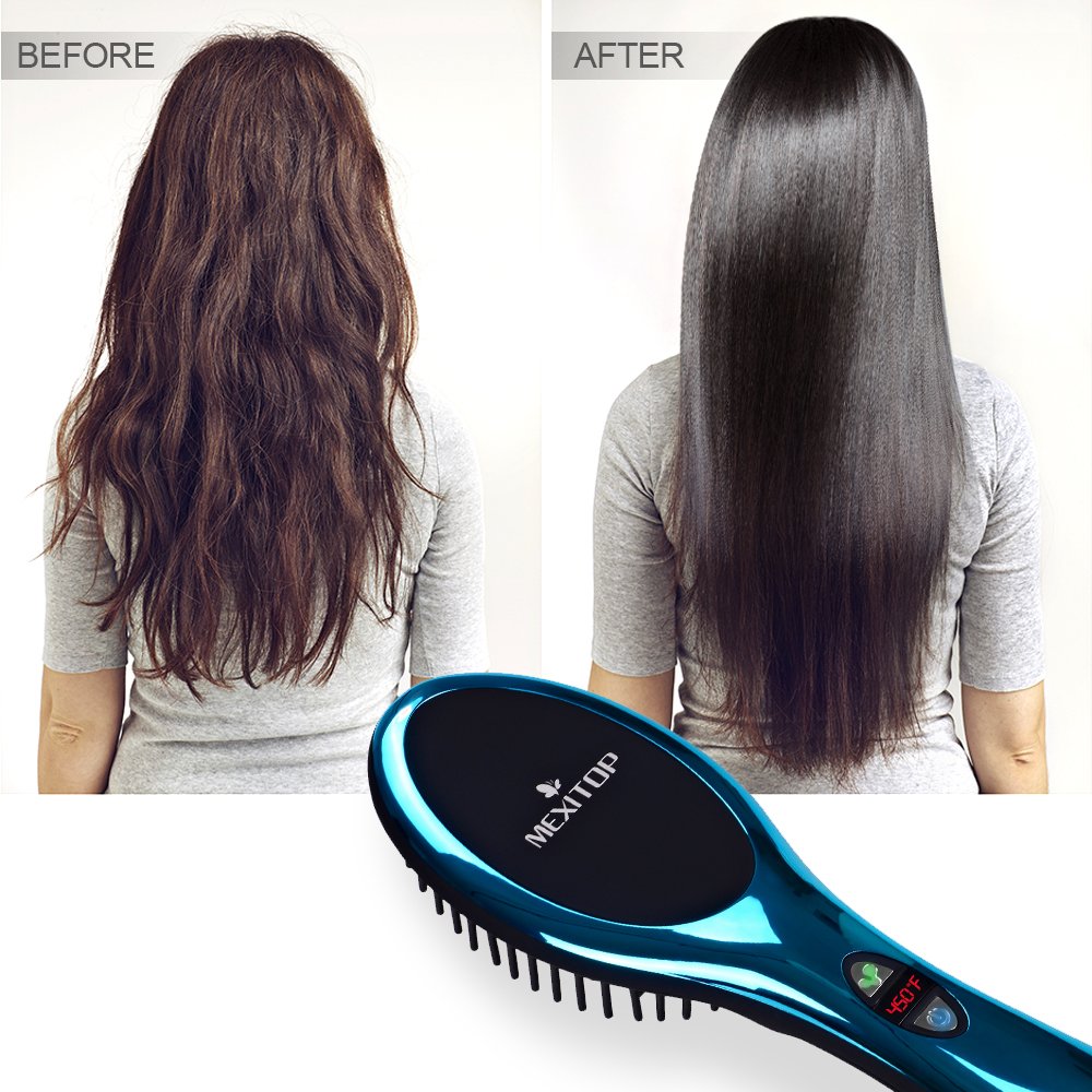 Ionic Hair Straightener Floating Brush for Silky Frizz Free Hair, Flexible Floating Massage Head Designed Anti-Scald Ceramic Straightening Hair Brush Comb + 4 Bonus Included (Mirror Blue)