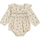 Emmababy Linen Bubble Romper Baby Girl Floral Smocked Romper Long Sleeve Ruffle Bodysuit Newborn Infant Fall Winter Clothes