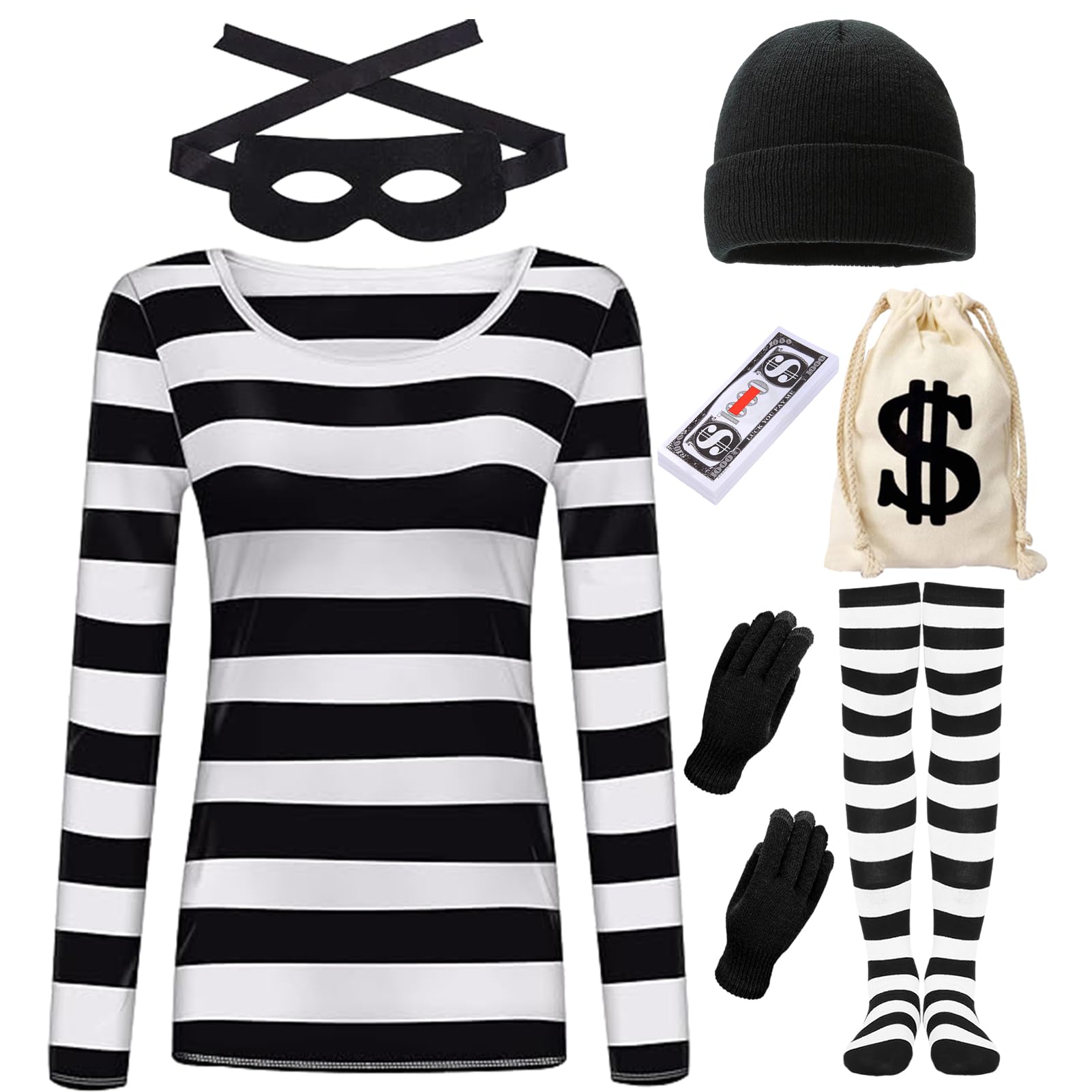 HarnyLoom Robber Costume Set Adults Burglar Women Men Thief Accessories Black & White Striped T-Shirt Black Eye Mask Swag Bag for Criminal Halloween Carnival Party Cosplay (Women, XL)