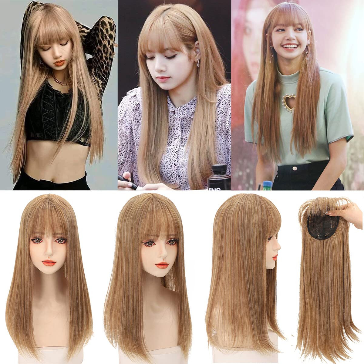50cm Straight Head Forehead Topper With Thick Bangs Snythetic Middle Part Clip in Hair Topper for Women Cover Thin Hair (White)