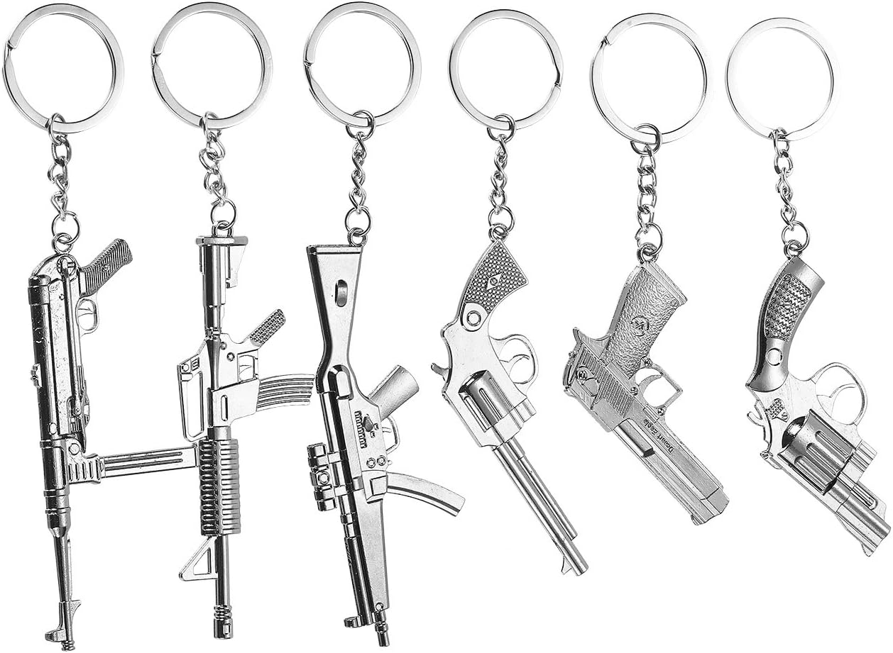 Gun Keychain - 6-Pack Metal Weapon Key Rings Pendant for Men, Birthday Gifts, 6 Designs, Silver: Office Products