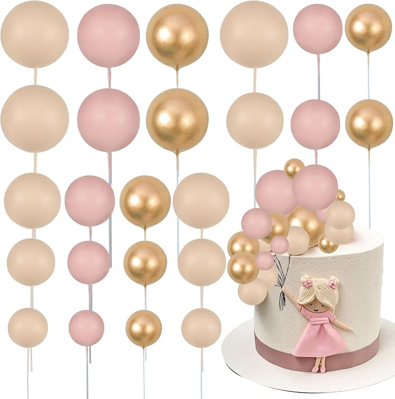 Gyufise 30Pcs Ball Cake Toppers Colorful Pearl Round Picks Apricot Gold Brown