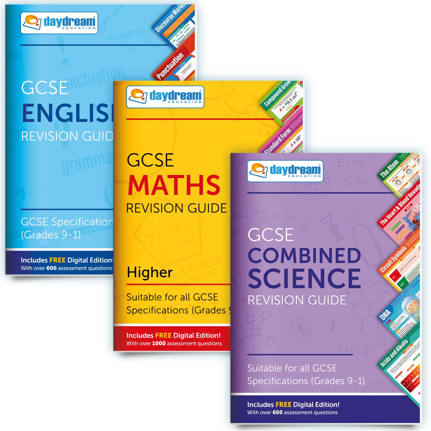 Daydream Education GCSE English, Maths (Higher) & Science Revision Guide Pack, Pocket-Sized, FREE Digital Editions with Over 1, 600 Assessment Questions! - for 2026-2027 exams (Pack of 3)