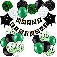 Rabbmall Birthday Decorations for Men Green and Black Party Decor Supplies Boy Including Happy Birthday Banner Confetti Latex Balloon Foil Balloon and Ribbon