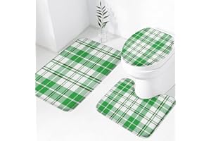 Easternproject Green White Buffalo Check Plaid 3 Piece Bath Rug Sets St. Patrick's Day Spring Bath Mat Soft Non Slip Water Absorbent U-Shaped Contour Toilet Mat, Toilet Lid Cover for Bath Room