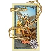 St. Michael Silver Medal with Gold Rim on Stainless Steel Chain with Laminated Prayer Card | Archangel Catholic Pendant