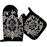 Mingnei Gothic Skull Halloween Oven Mitts and Pot Holders Sets, Goth Witchy Heat Resistant Potholder Kitchen Decor for Cooking Baking BBQ Grilling, Goth Mystic Skeleton Oven Glove Set, Gothic Gifts