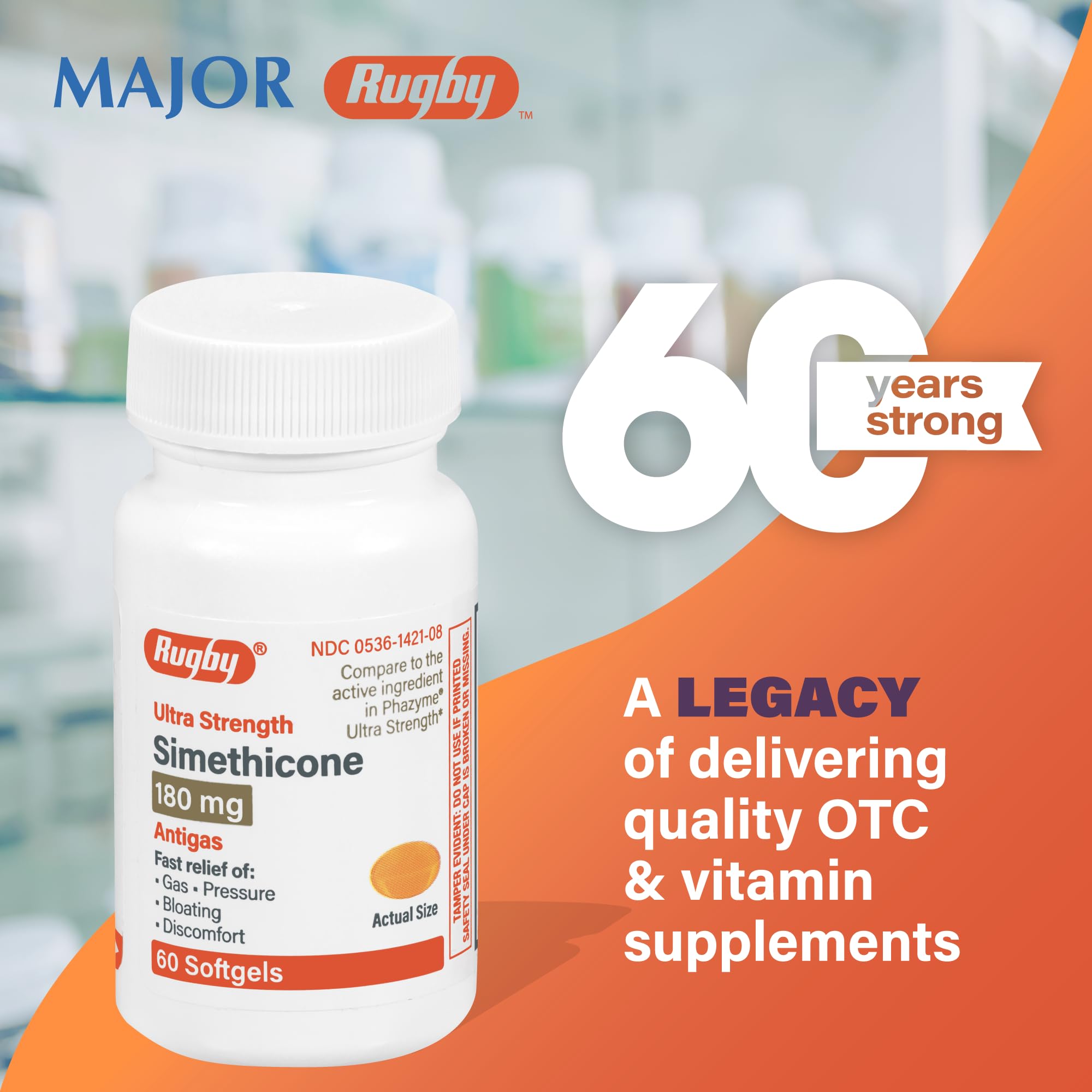 Rugby Ultra Strength Simethicone Gas Relief 180 mg - Maximum Gas Relief for Adults - May Help with Symptoms of Flatulence, Bloating, Gas Fullness - 60 Softgels (2 Pack)