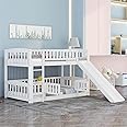 Low Bunk Bed with Slide Twin Over Twin Bunk Beds for Kids Toddlers, Wood Floor Beds Frame with Rails for Boys Girls Teens, White