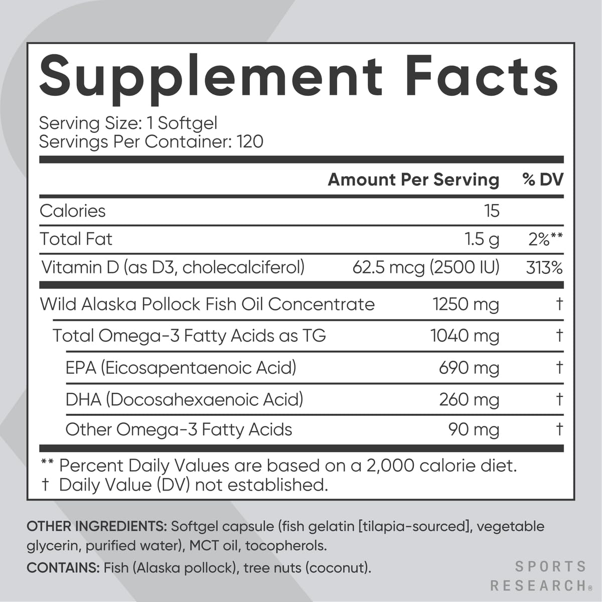 Sports Research Alaskan Omega-3 Fish Oil 1040mg + Vitamin D3 2500iu - Supports Brain & Heart Health - MSC Certified Sustainable · Wild-Caught · Non-GMO · Triglyceride Form - 120 Count Softgels