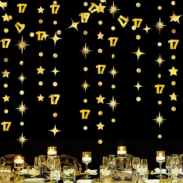 17th Birthday Party Decoration Set - Silver Black Gold Foil Swirl Streamers, 'I'm 17 Today' Sign, Hat & Star Ornaments | 40ft Long, Pre-Assembled